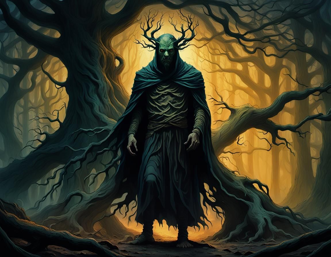 Sinister Figure Lurking in Mystical Forest at Dusk