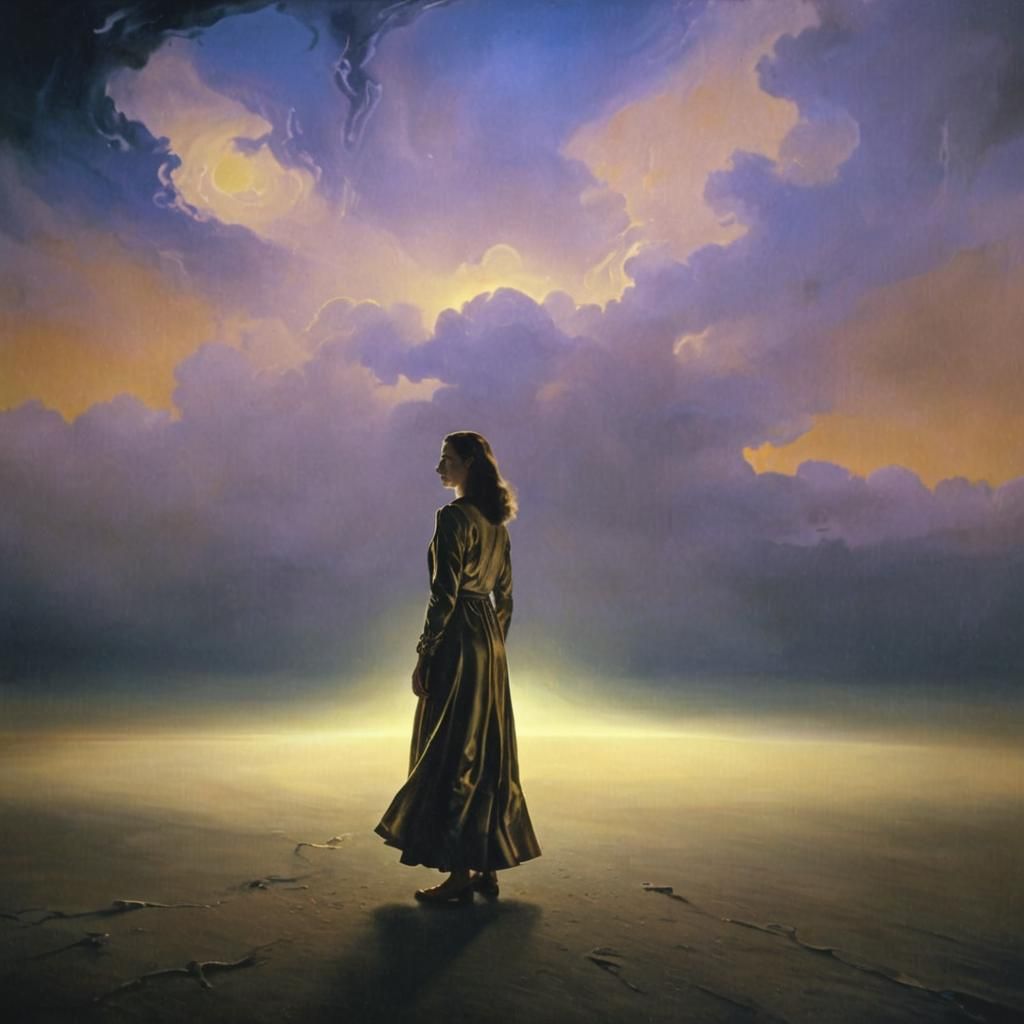 Surreal Woman in Dimly Lit Room, Dali-Inspired