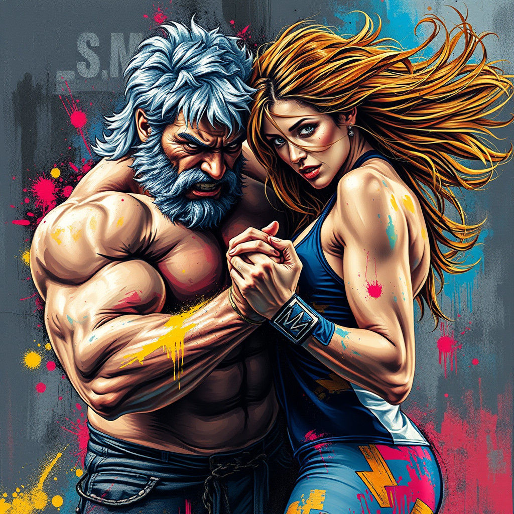 Dynamic Wrestling Duo in Urban Graffiti Art Style