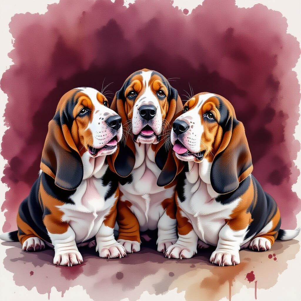 Basset Hounds Playful Watercolor Art