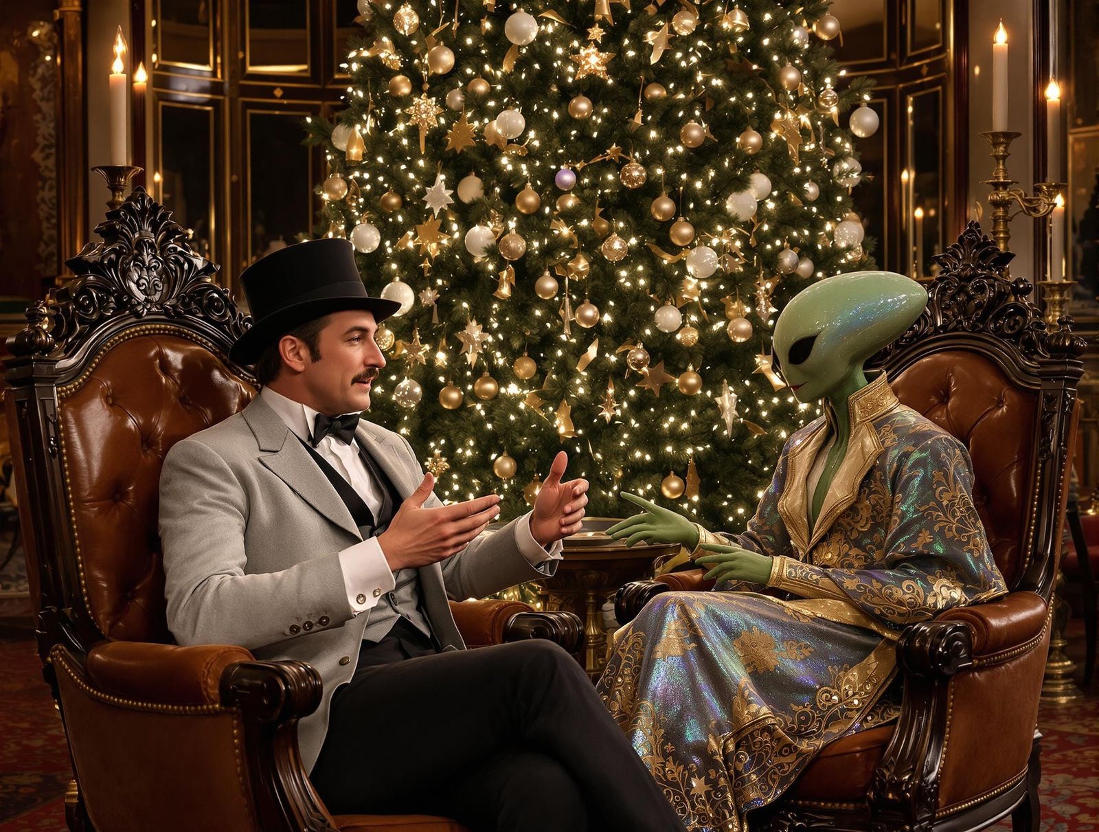 Elegant Victorian Gentlemen Entertain Martian Visitor at Chr...