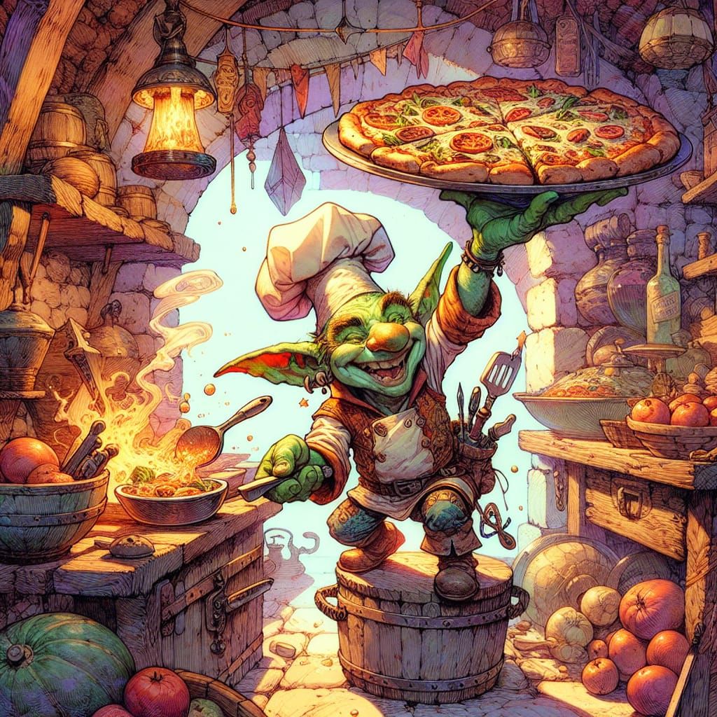 Joyful Goblin Chef Prepares Pizza in Anime Style
