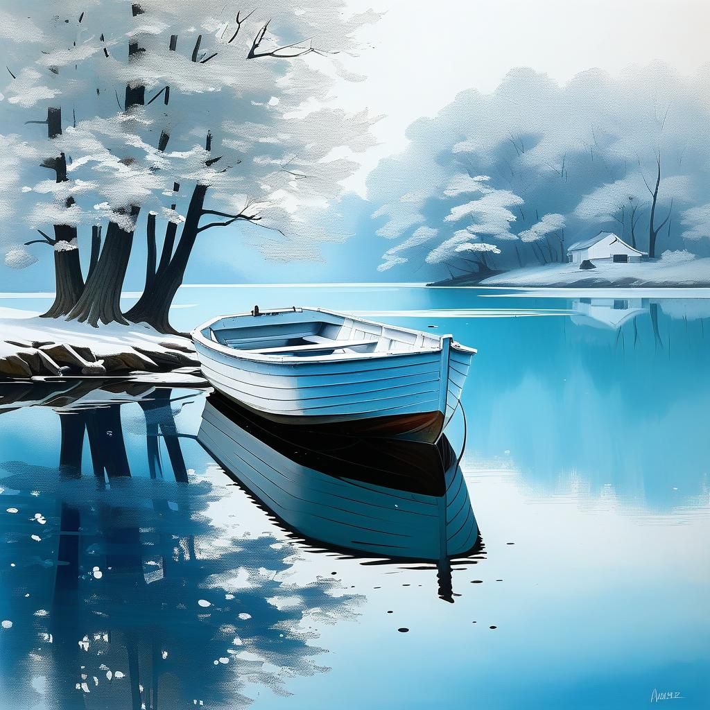 Aqua Blue and White Boat on Misty Lake