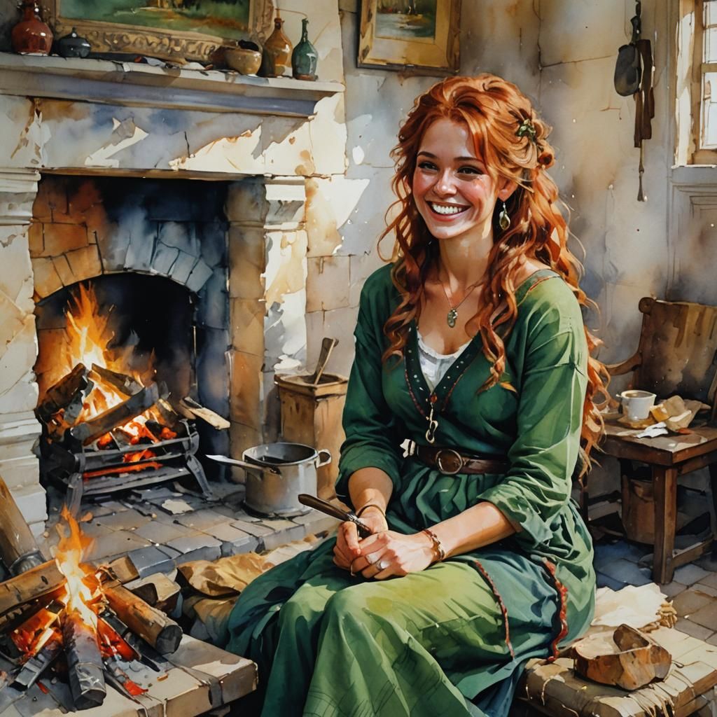 Norse Girl by Fireplace in Watercolor Style