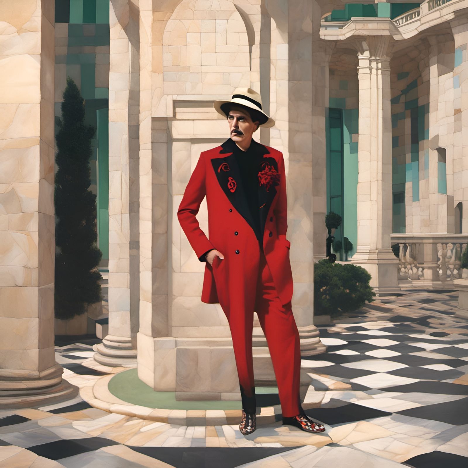 Man in Red Zoot Suit with Black Rose