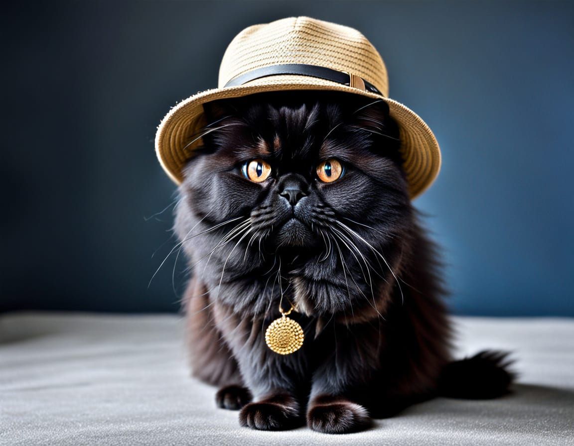 Black Persian Cat with Hat Portrait
