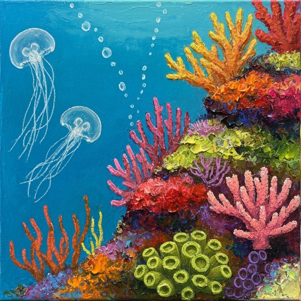 Expressionist Underwater Scene with Jellyfish and Coral Reef