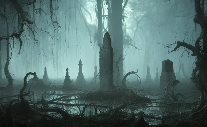 Mystical Graveyard at Night in Hyperdetailed Style