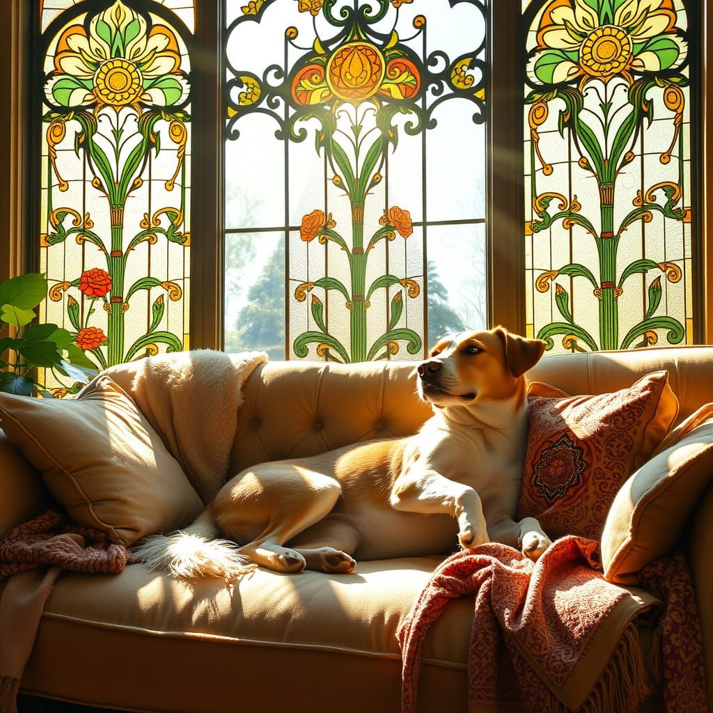 Dog Relaxing in Art Nouveau Stained Glass Light