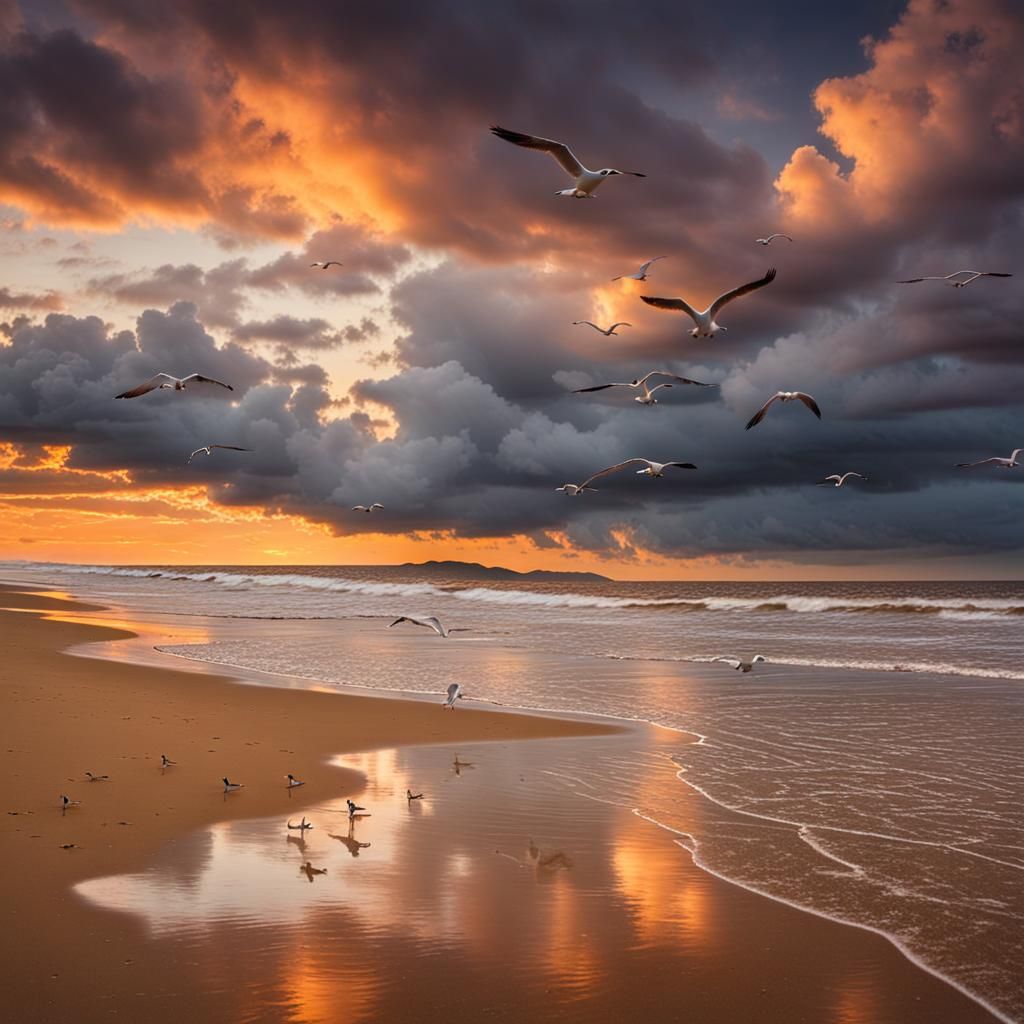 Sunset Beach with Seagulls and Rain Clouds