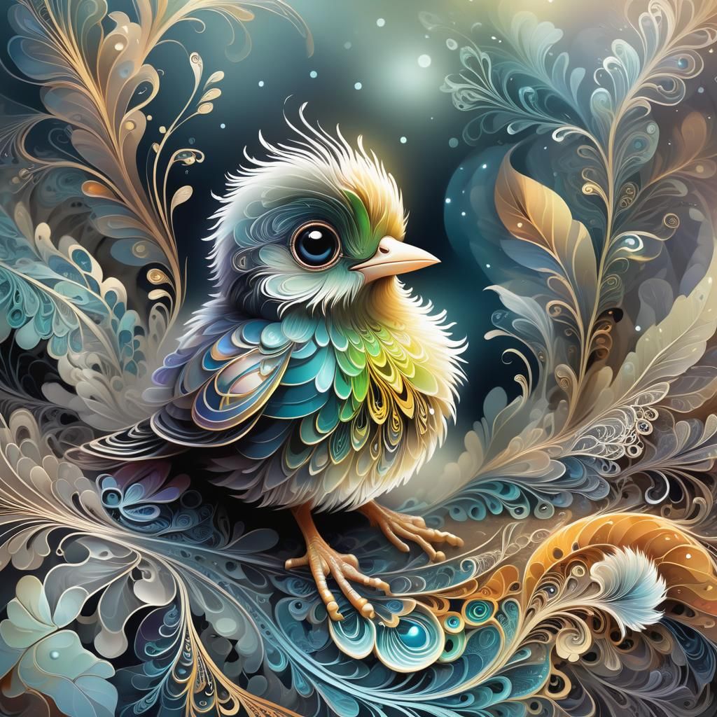 Baby Bird with Shimmering Feathers in Dreamy Style