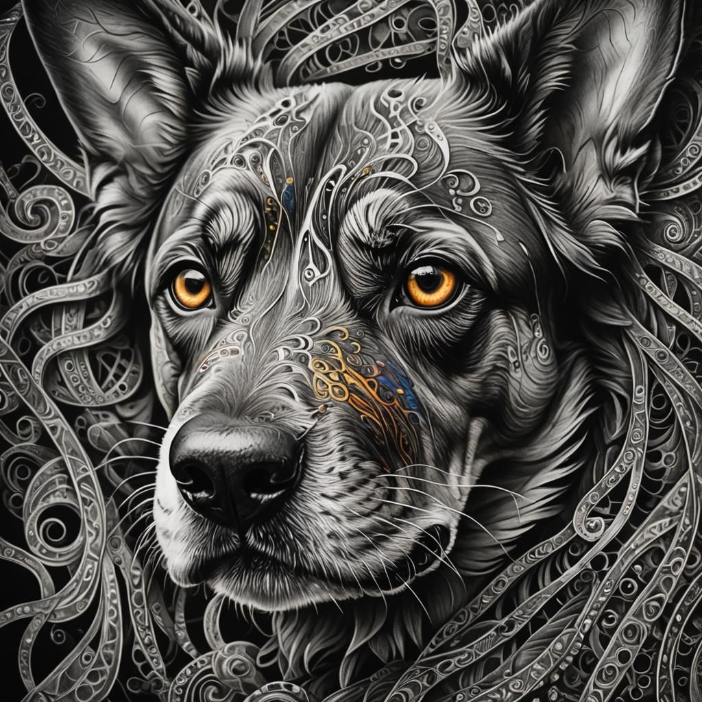 Psychedelic Charcoal Drawing of a Dog's Face