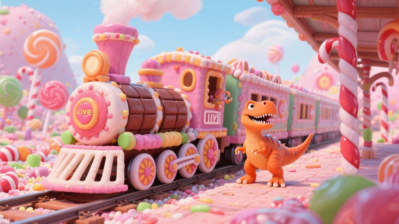 Whimsical Candy Train Arrives at Candy Station with Dinosaur
