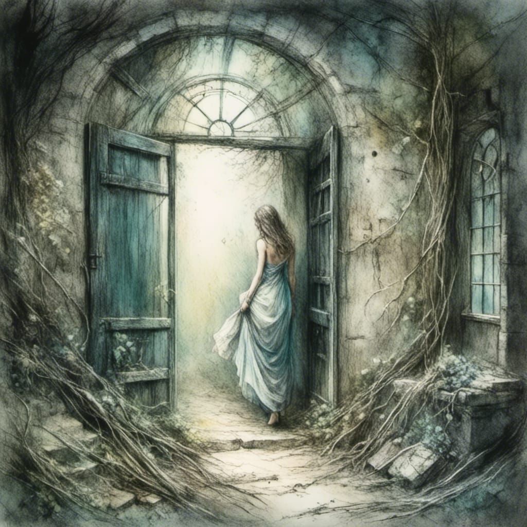 Watercolor: Beautiful Woman in Abandoned Village