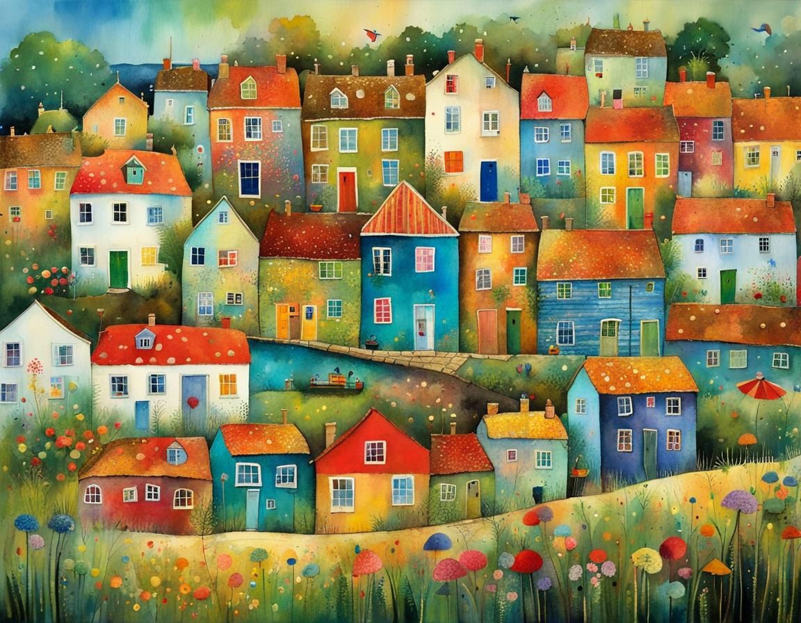 Quirky Seaside Village in Whimsical Patchwork Illustration