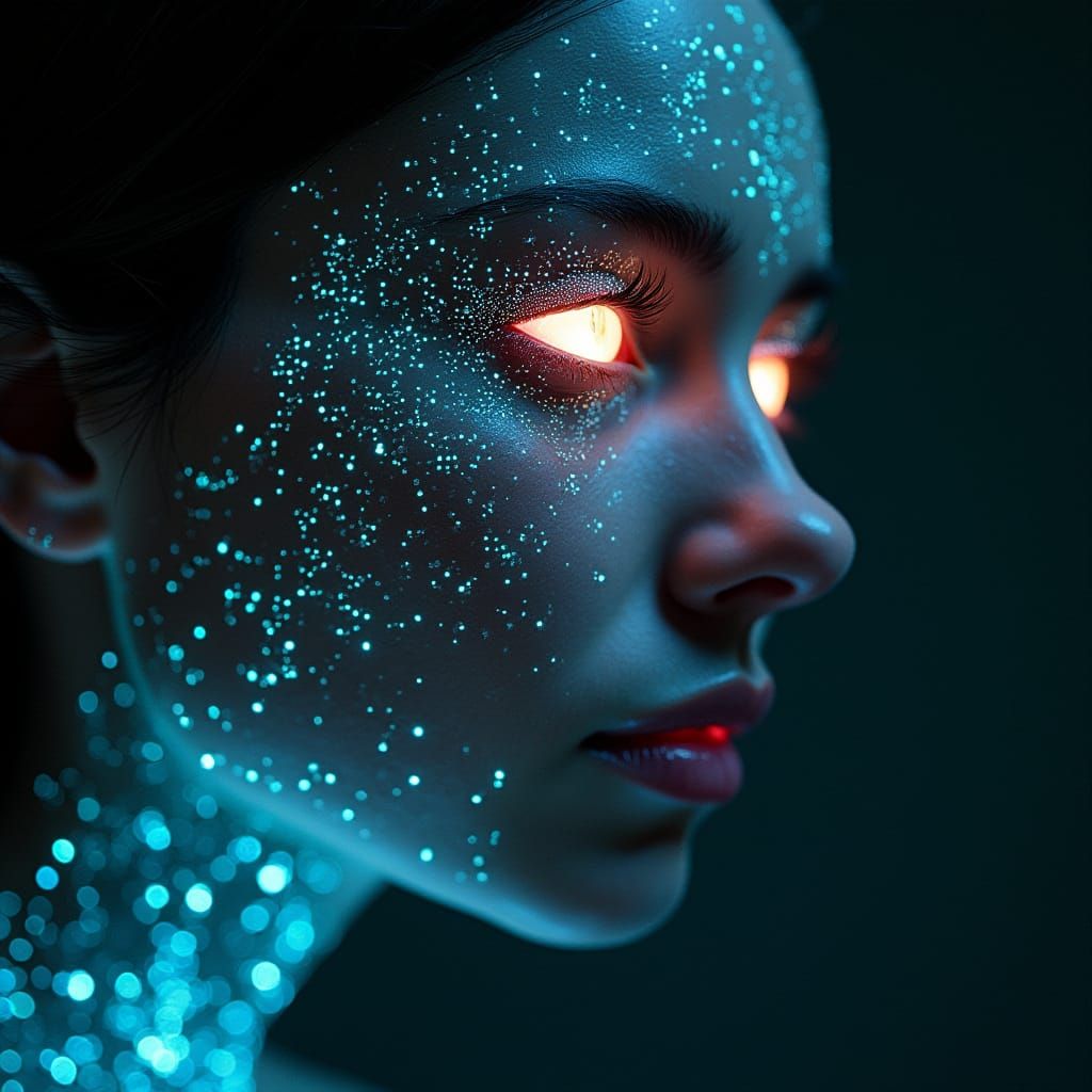 Woman's Face Transformed by Glowing Digital Circuits in Cybe...