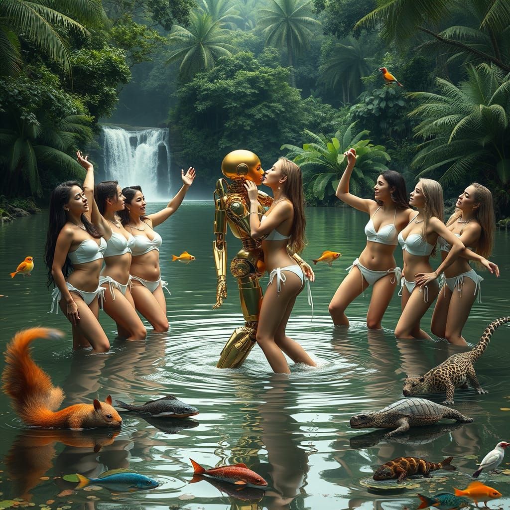 Ten Women and a Golden Robot Dance Wildly in a Tropical Jung...