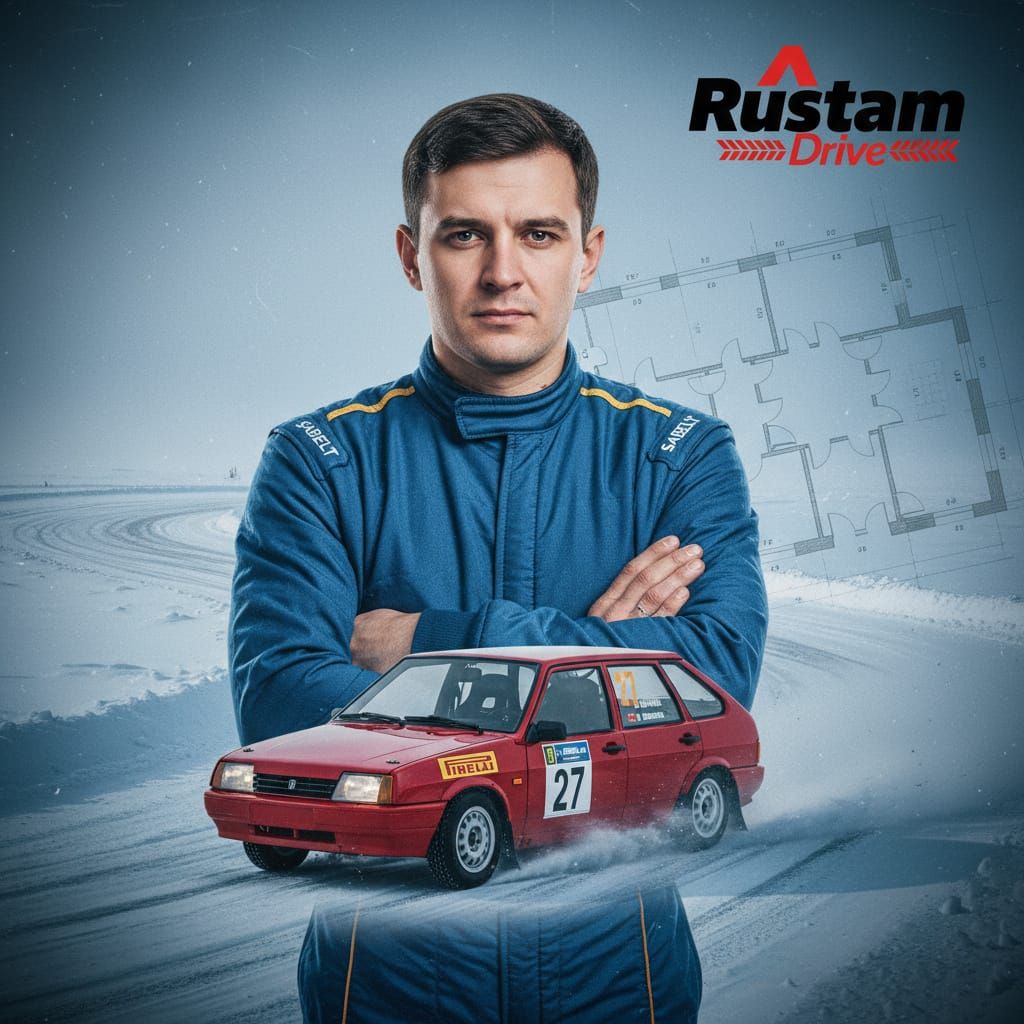 Man in Blue Racing Suit Beside LADA SAMARA on Snowy Track