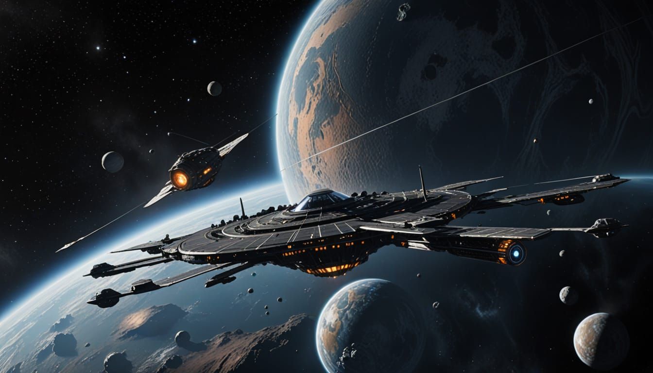 Futuristic Solar Sail Spacecraft Navigating Asteroids