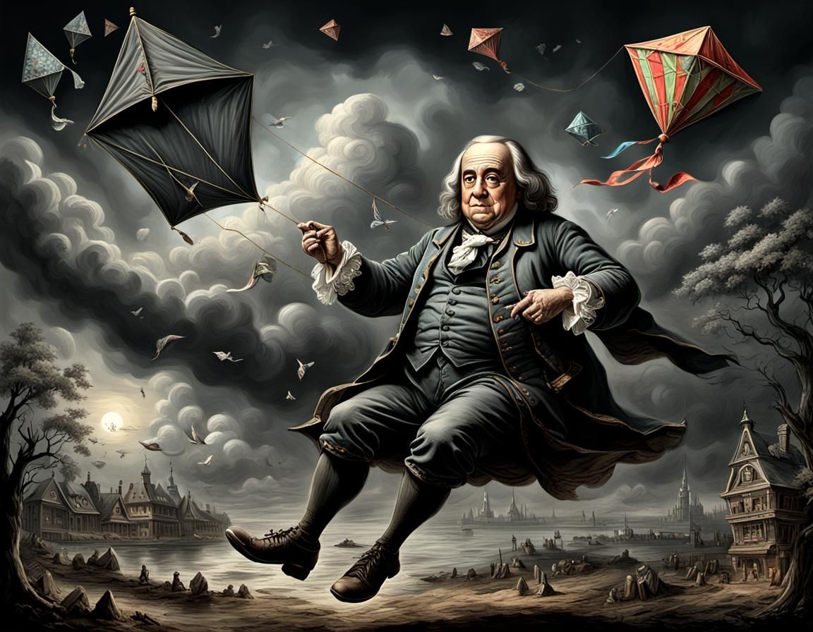 Sinister Benjamin Franklin with Magical Kite, Charcoal Drawi...