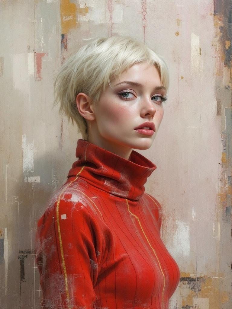 Pin-Up Woman with Platinum Hair and Red Sweater