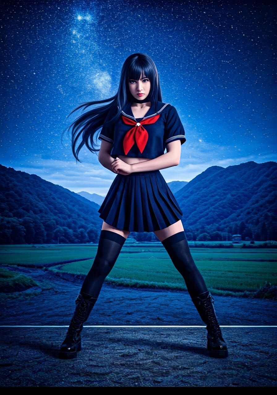 Retro Sailor Fuku Waifu in Neon-Lit Japanese Landscape