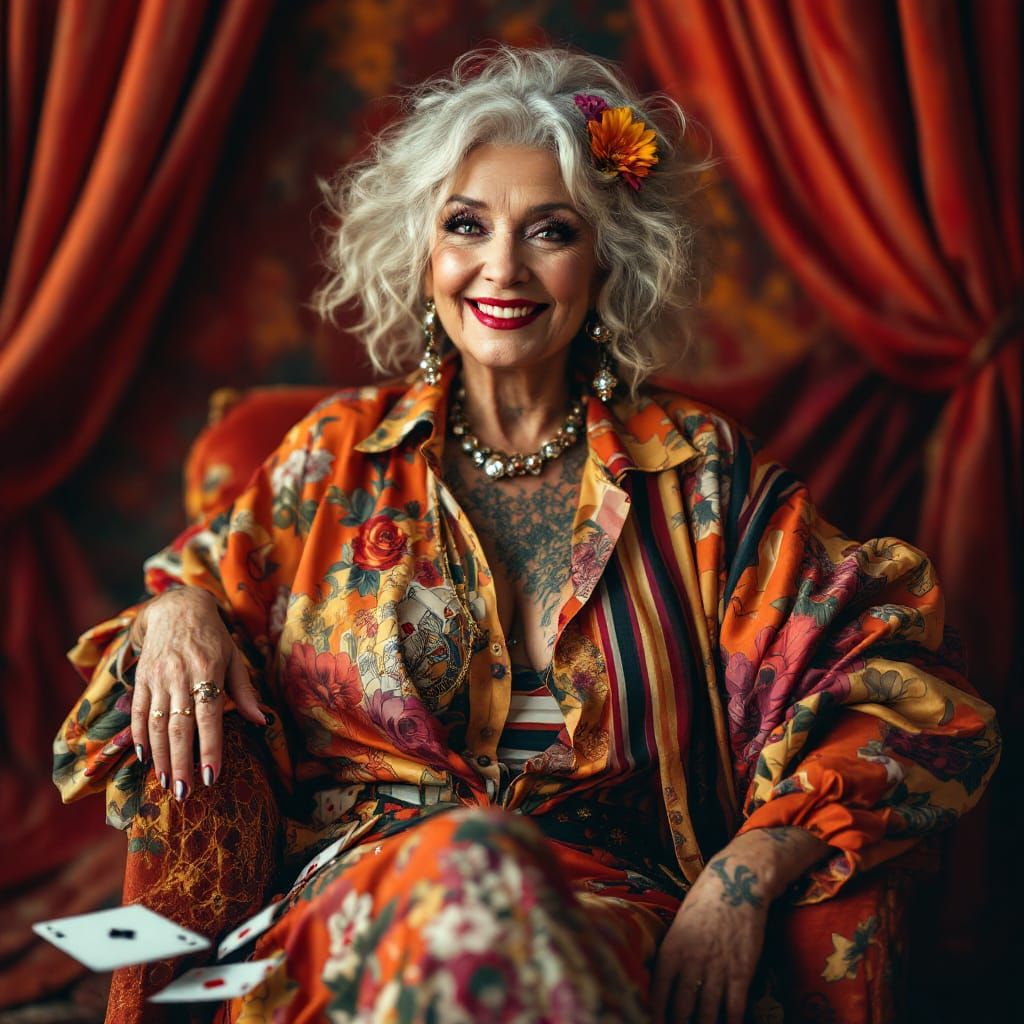 Sassy Tattooed Grandmother in Bohemian Glamour
