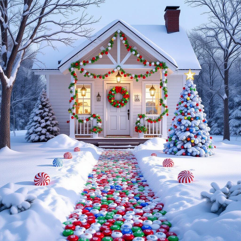 Whimsical M&Ms Cabin in Snowy Wonderland