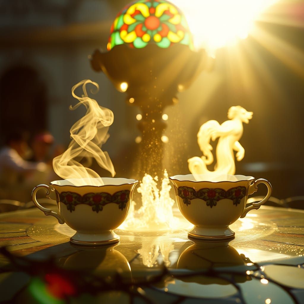 Ornate Stained Glass Fountain with Tea in Golden Light