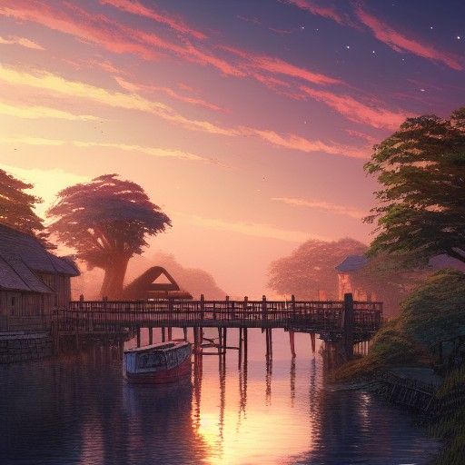 Picturesque Wharfside Village Sunset in Anime Style