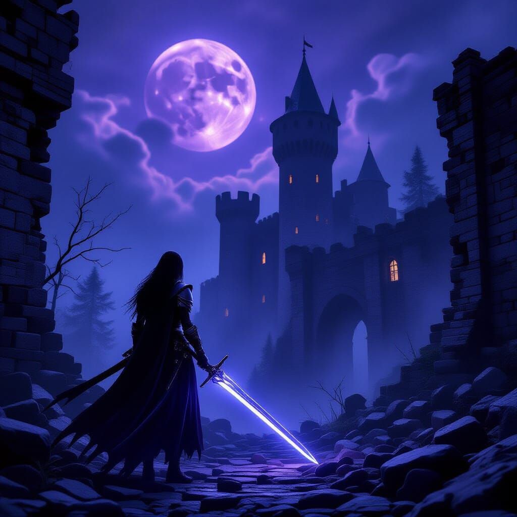 Warrior in Castle Ruins Under Violet Moon