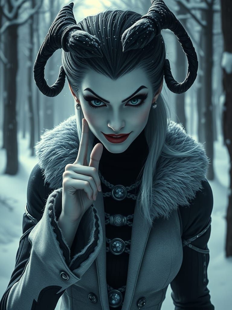 Cruella's Intense Gaze in Snowy Forest