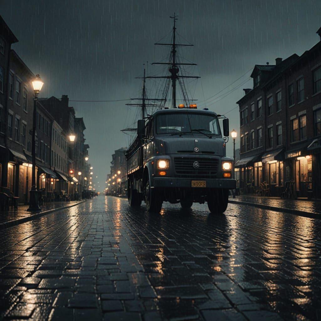 Gloomy Seaport at Dusk in Moody Cinematic Style