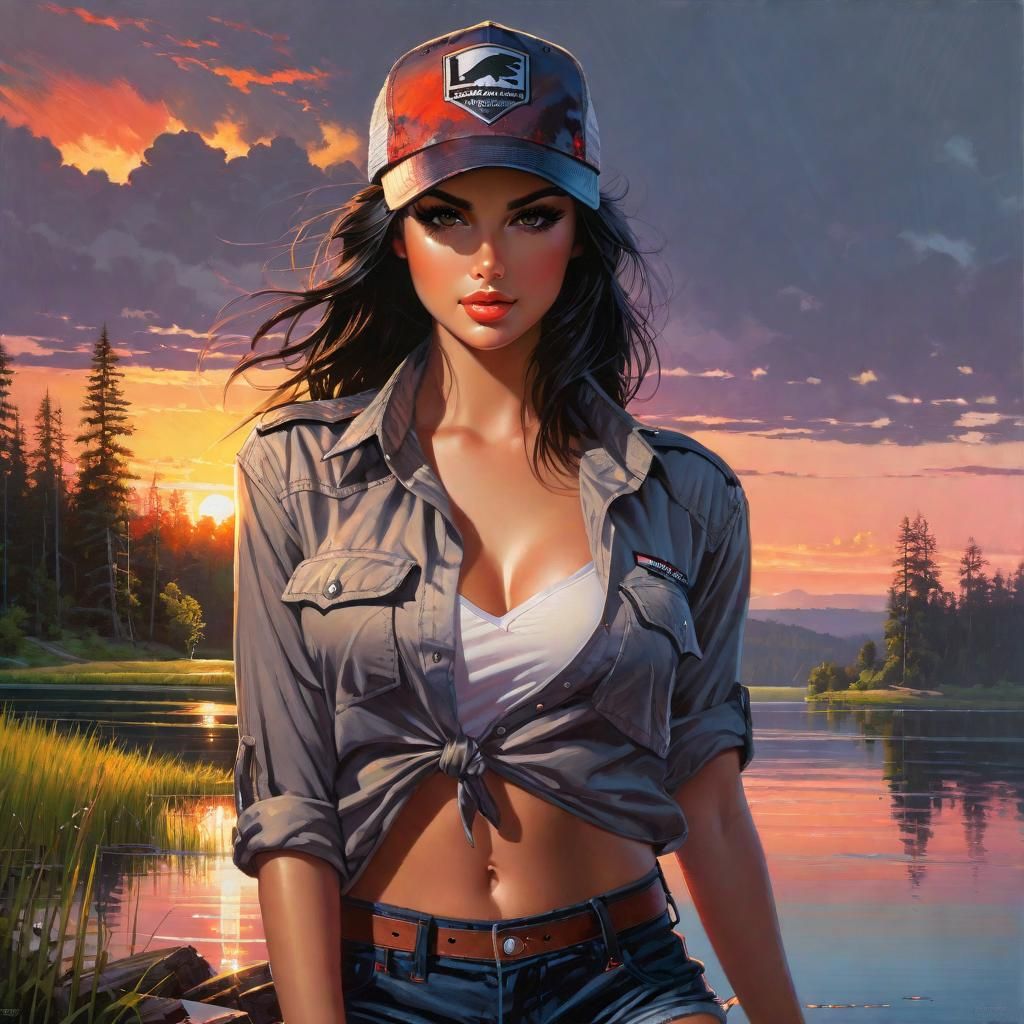 Sunset Lake Portrait in Detailed Ink Style