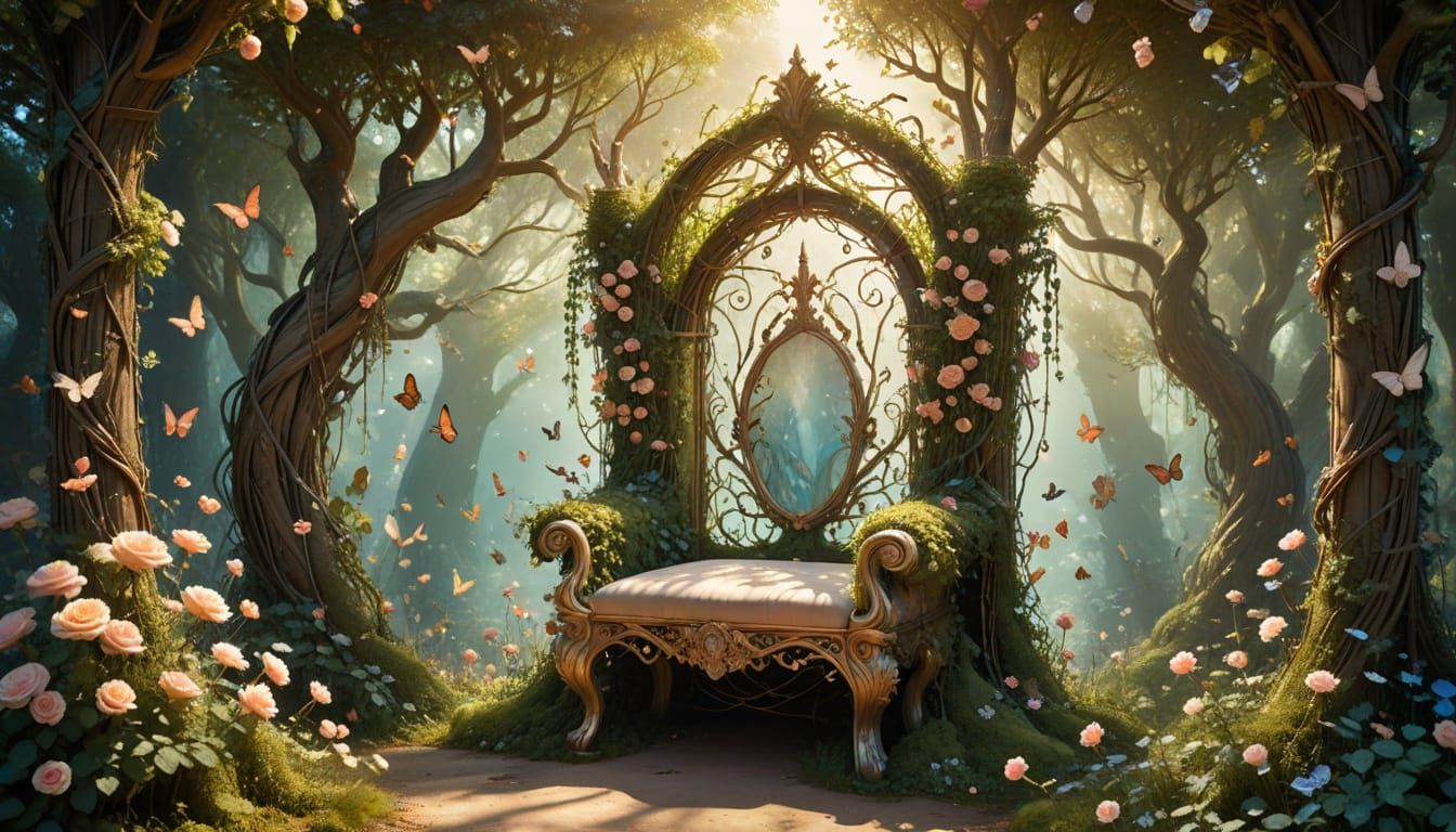 Woodland Queen's Rose Throne in Surreal Art Nouveau Style