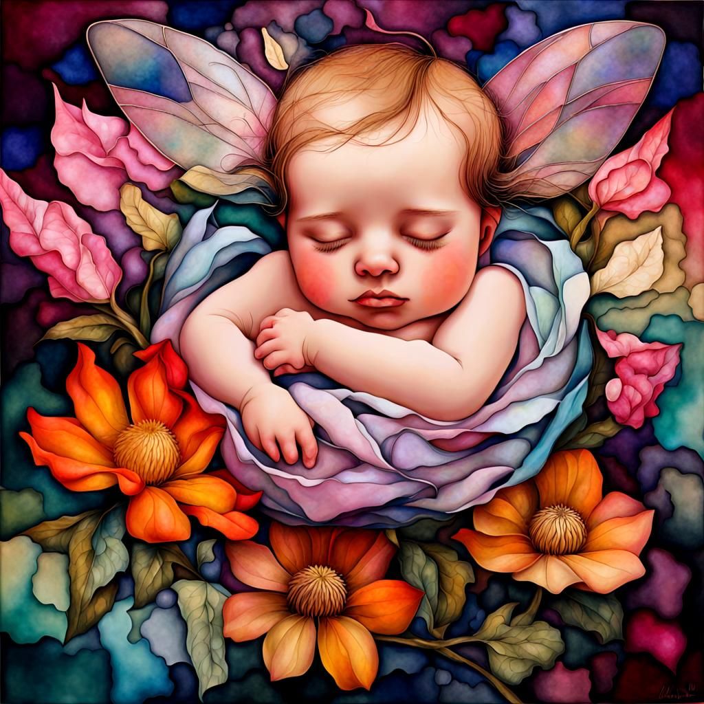 Newborn Fairy in Flower: Surreal Cubist Dreamscape