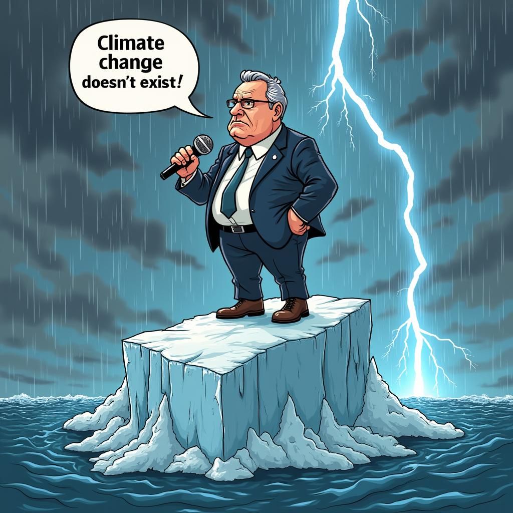 Satirical Climate Change Denier on Melting Iceberg