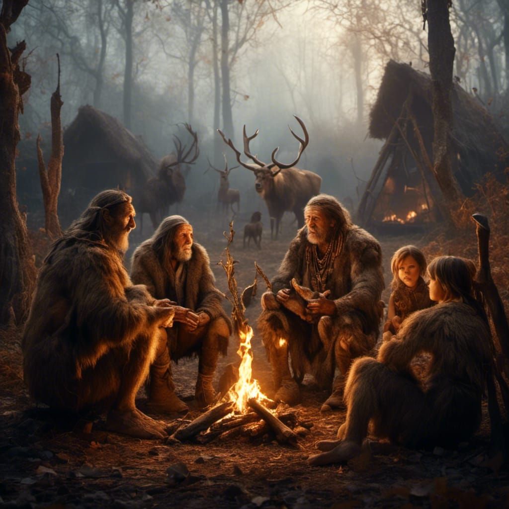 Neanderthal Family Sharing Deer: Hyperrealistic Dark Fantasy