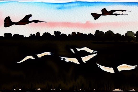 Geese Fly South at Night: Watercolor and Ink