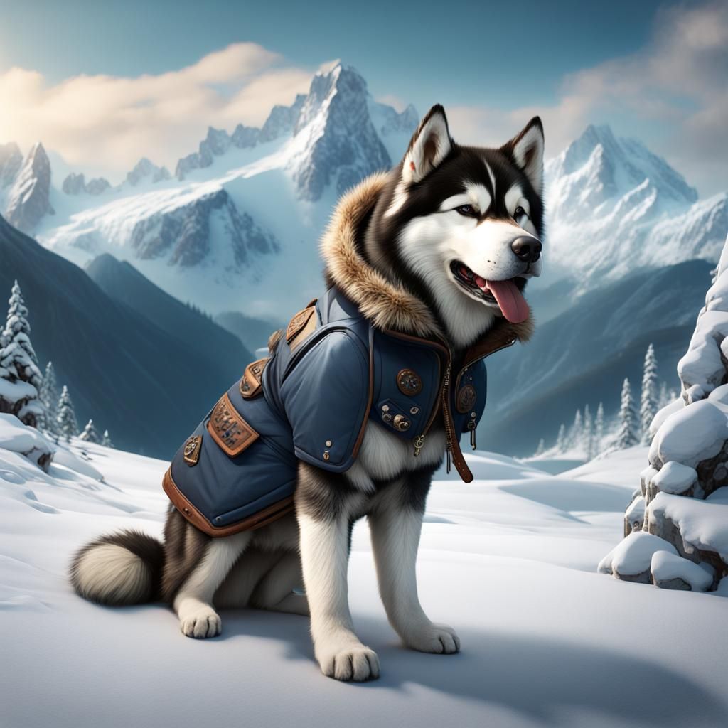 Alaskan Malamute in Snowy Mountain Landscape