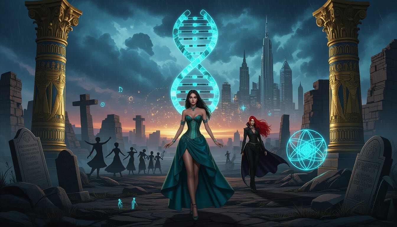 Surreal Post-Apocalyptic Landscape with Mystical Figures