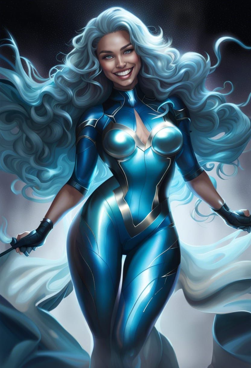 Smiling Blue-Haired Woman in Manga Style