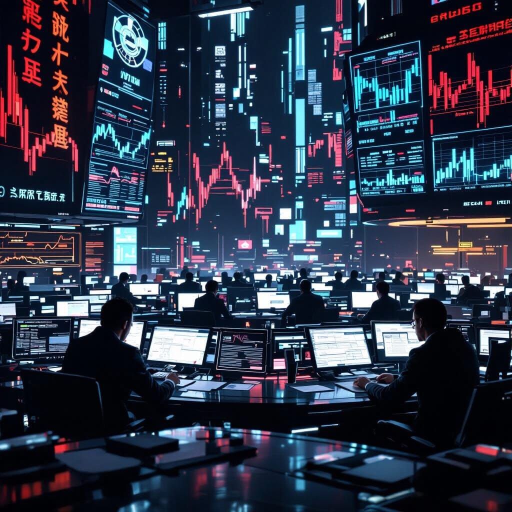 Dystopian Cyberpunk Financial Hub in Syd Mead Style