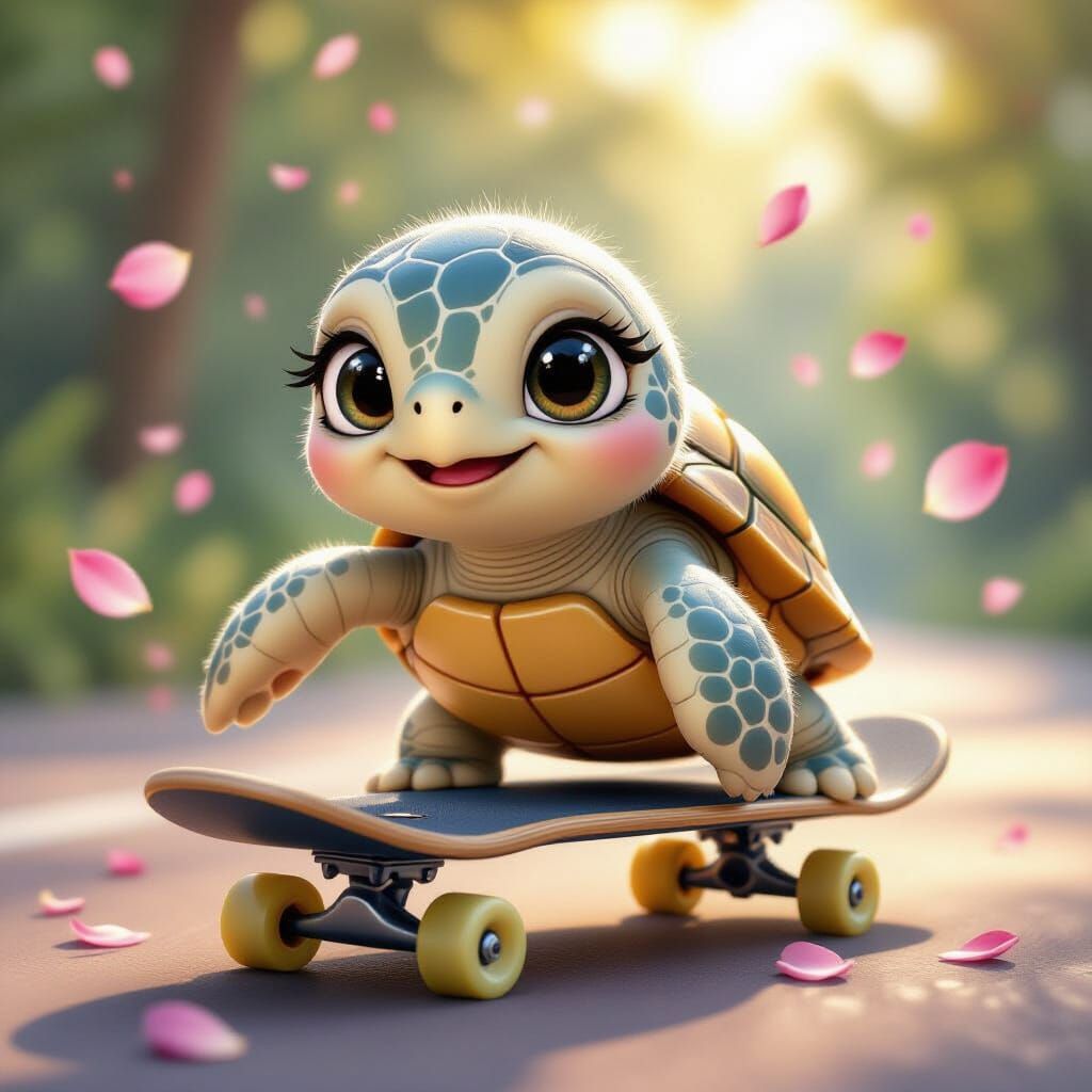 Fluffy Sea Turtle Rides Skateboard in Vibrant CGI Style