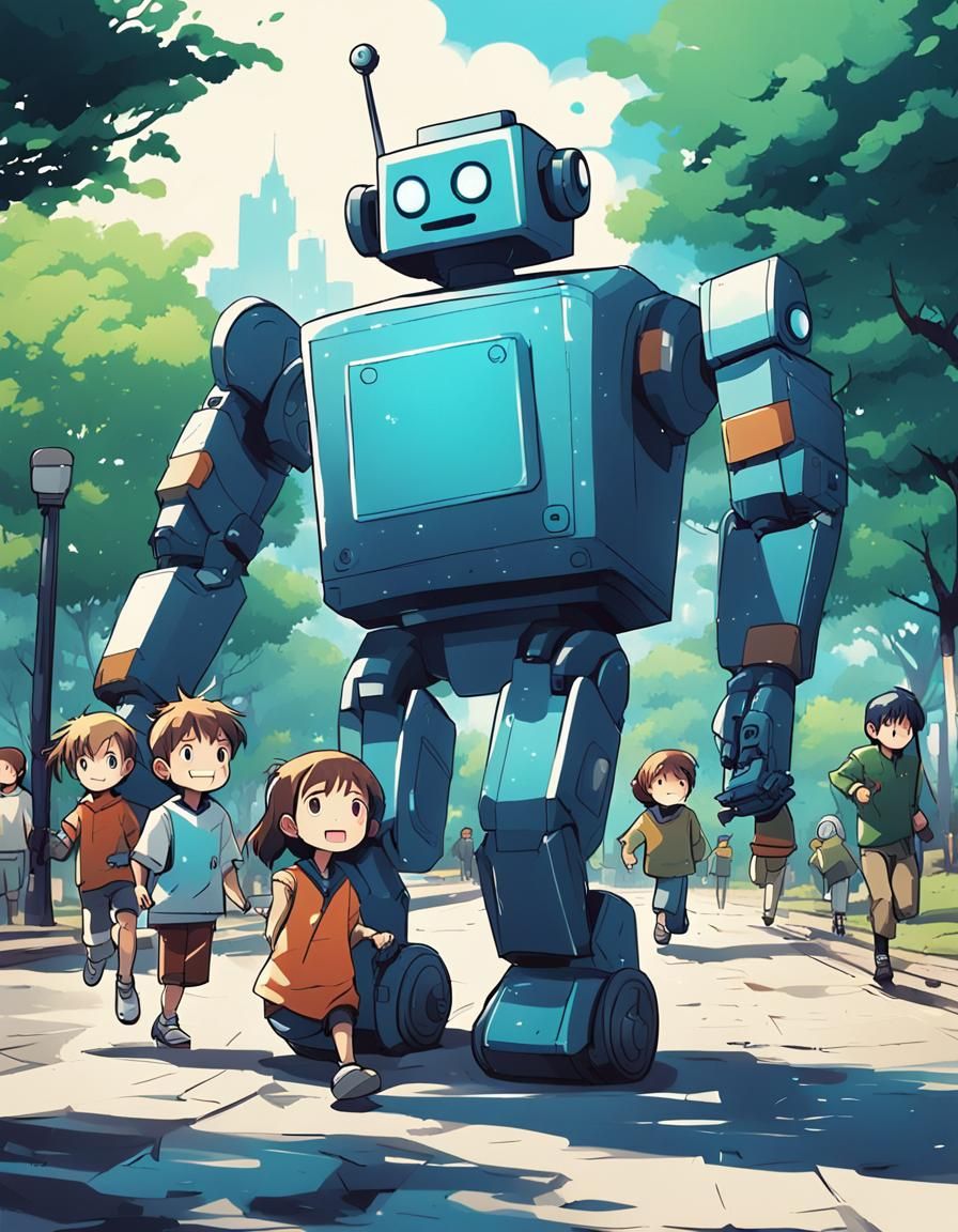 Robot Observes Children Playing: Cel-Shaded Anime Art