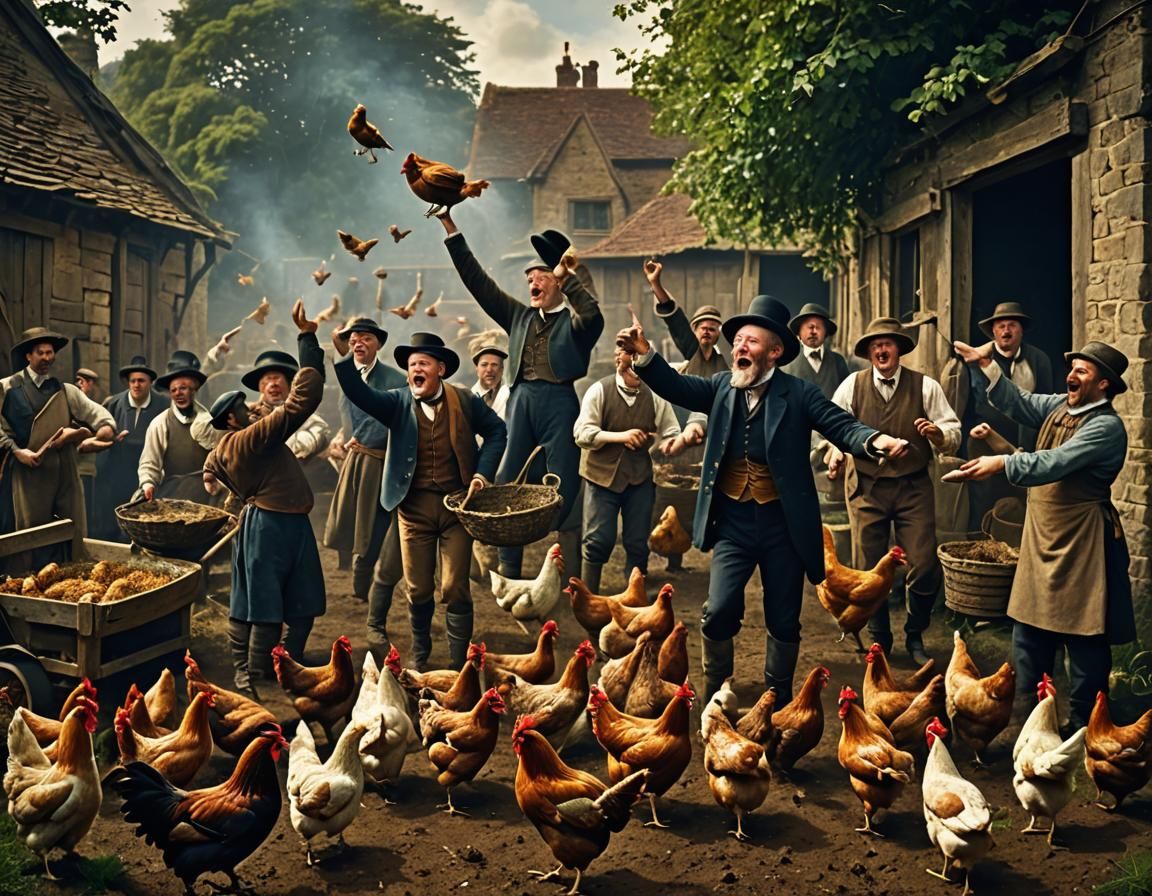 Wacky Farmers Tossing Chickens: Art Nouveau Historical Photo