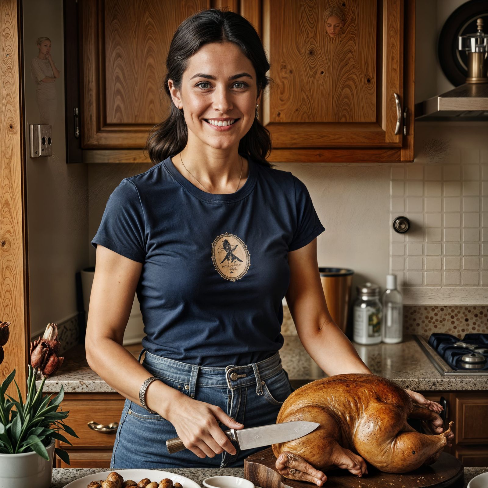 Woman Carves Turkey in Warm Kitchen