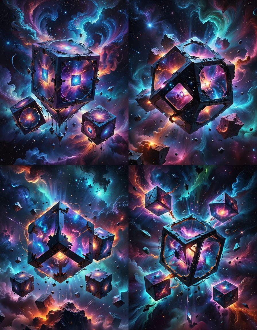Alien Hyper Cube Soars Through Vibrant Nebula