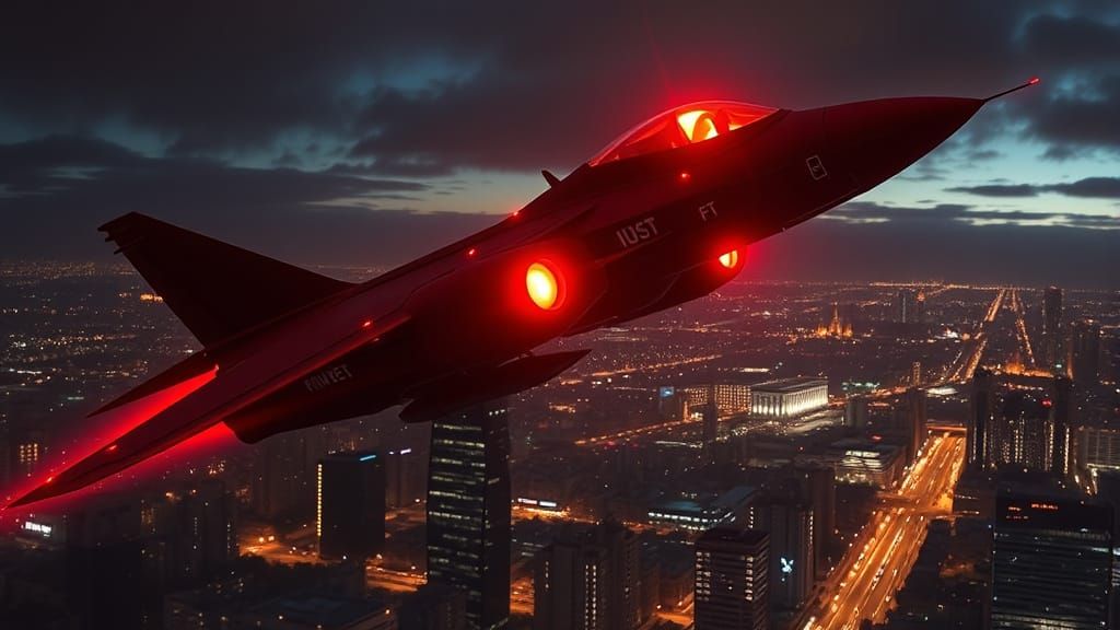 Cyberpunk Robot Raven Fighter Soars Over Cityscape