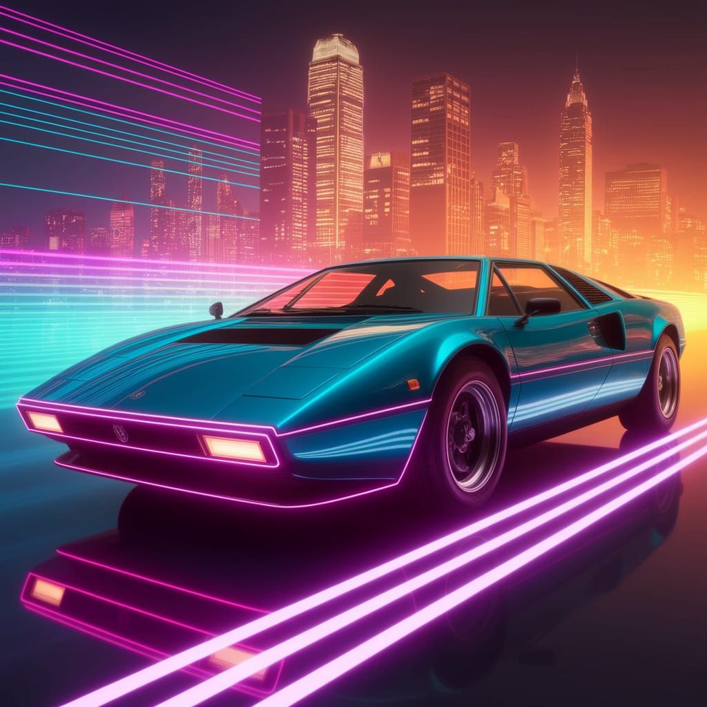 Sleek Neon Sports Car Cruises Retro-Futuristic Cityscape